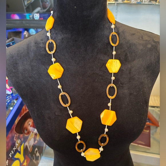 Premier Designs Jewelry - Vintage Premier Designs  Yellow Brown Mother of Pearl Geometric Retro Necklace